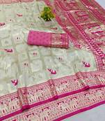 Cream zari woven banarasi silk blend saree with blouse piece