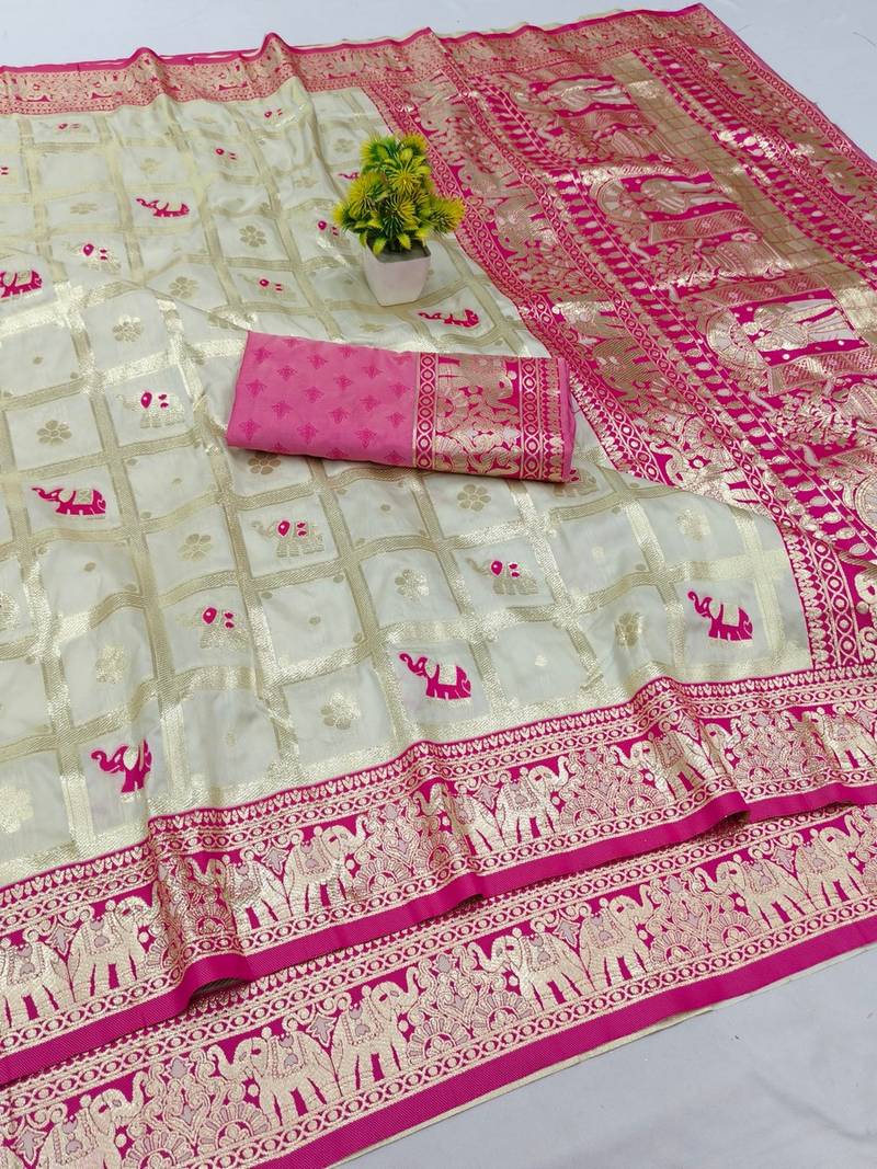 Cream zari woven banarasi silk blend saree with blouse piece