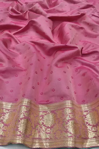 Pink zari woven silk blend saree with blouse piece
