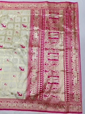 Cream zari woven silk blend saree with blouse piece 2
