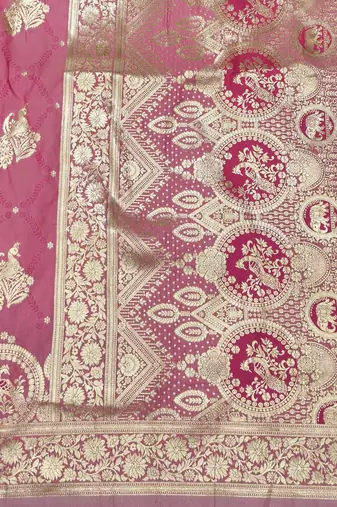 Pink zari woven silk blend saree with blouse piece