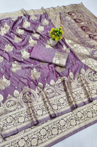 Purple zari woven banarasi silk blend saree with blouse piece