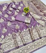 Purple zari woven banarasi silk blend saree with blouse piece