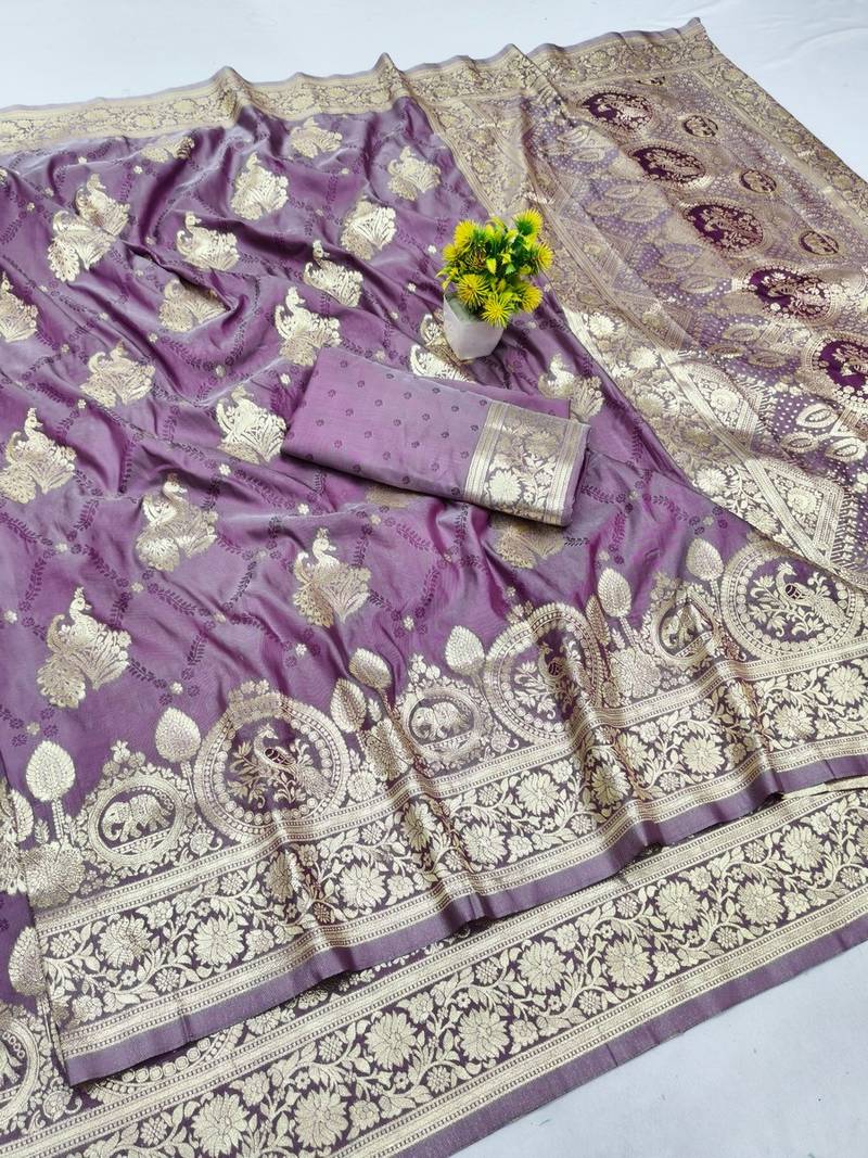 Purple zari woven banarasi silk blend saree with blouse piece