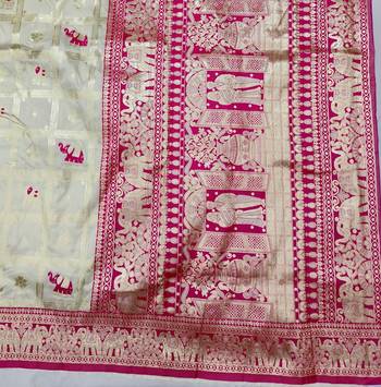 Cream zari woven silk blend saree with blouse piece 5