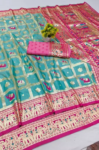 Light blue zari woven silk blend saree with blouse piece