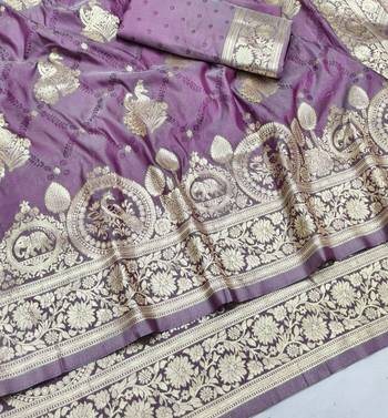 Purple zari woven silk blend saree with blouse piece 3