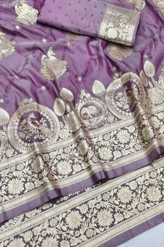 Purple zari woven silk blend saree with blouse piece