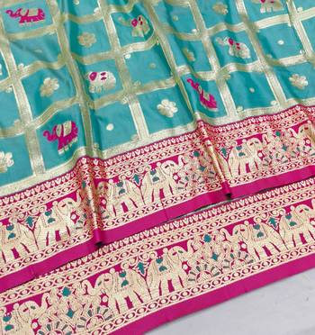 Light blue zari woven silk blend saree with blouse piece 3