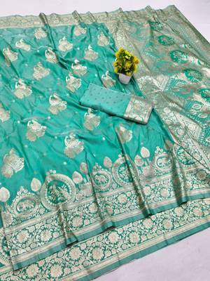 Blue zari woven silk blend saree with blouse piece 1