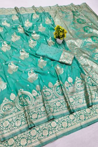 Blue zari woven banarasi silk blend saree with blouse piece
