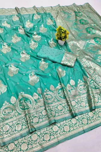Blue zari woven silk blend saree with blouse piece