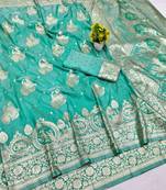 Blue zari woven banarasi silk blend saree with blouse piece