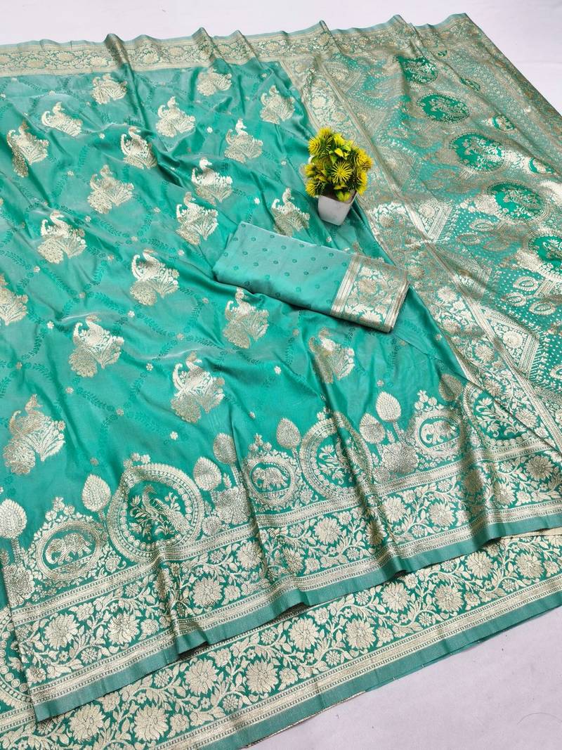 Blue zari woven banarasi silk blend saree with blouse piece