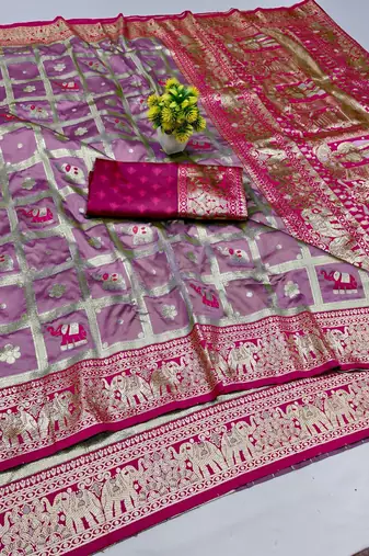 Magenta zari woven banarasi silk blend saree with blouse piece