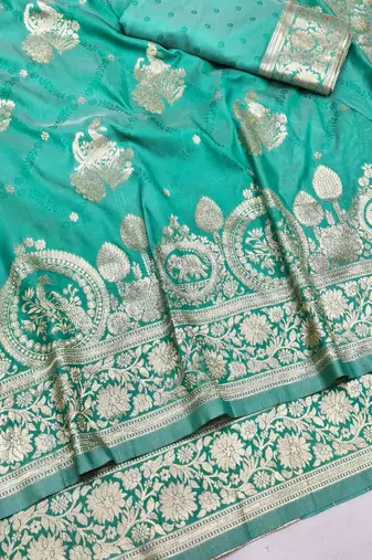 Blue zari woven silk blend saree with blouse piece