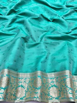 Blue zari woven silk blend saree with blouse piece 4