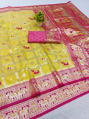 Yellow zari woven silk blend saree with blouse piece 1