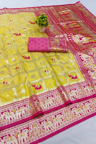 Yellow zari woven banarasi silk blend saree with blouse piece