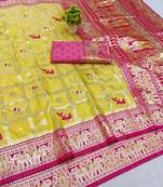 Yellow zari woven banarasi silk blend saree with blouse piece