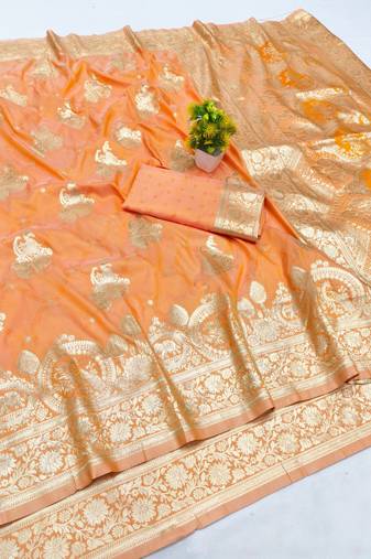 Orange zari woven banarasi silk blend saree with blouse piece