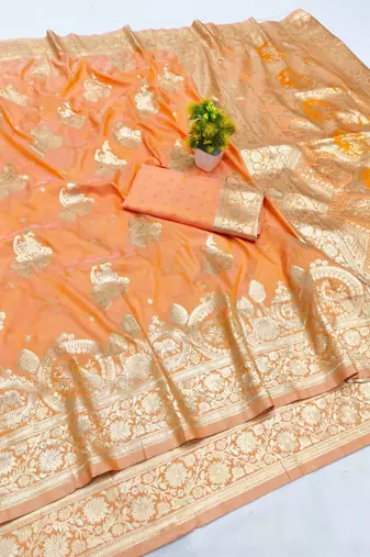 Orange zari woven banarasi silk blend saree with blouse piece