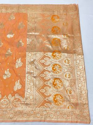 Orange zari woven silk blend saree with blouse piece 2
