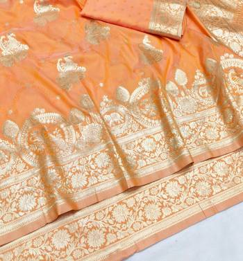 Orange zari woven silk blend saree with blouse piece 3