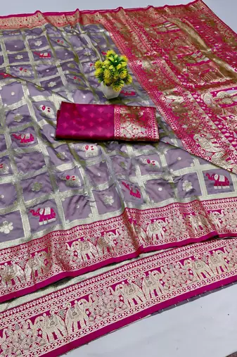 Purple zari woven banarasi silk blend saree with blouse piece