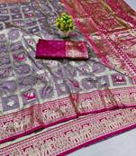 Purple zari woven banarasi silk blend saree with blouse piece