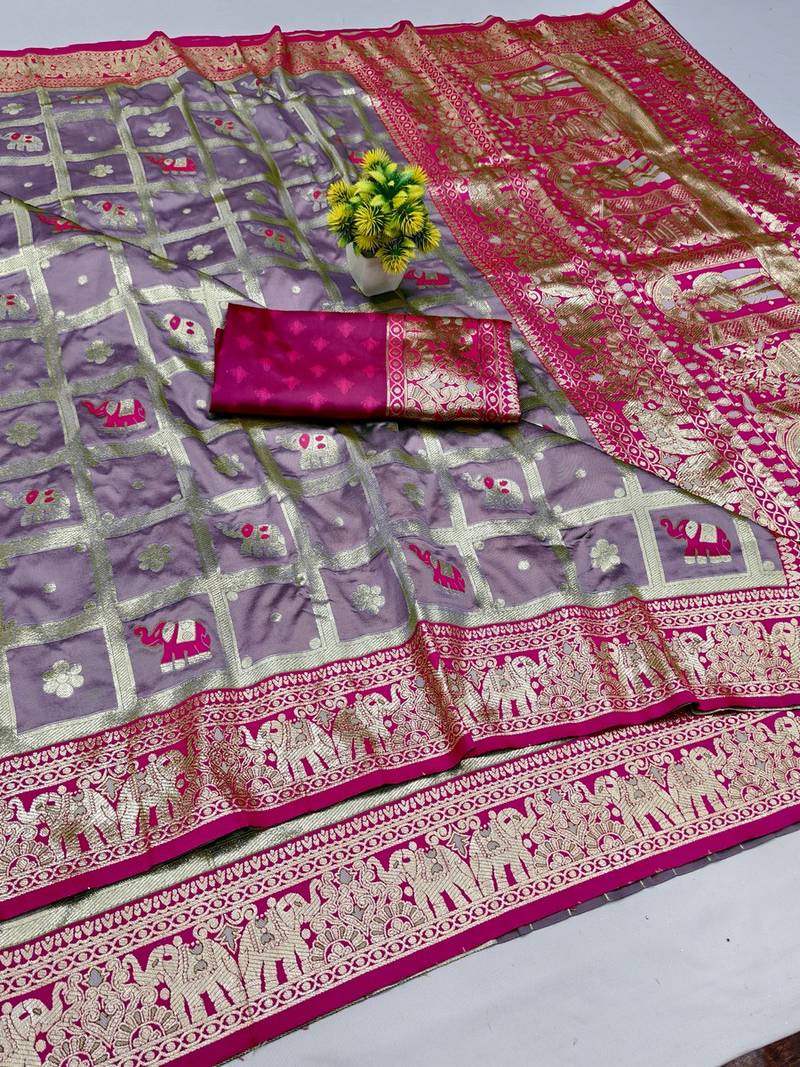 Purple zari woven banarasi silk blend saree with blouse piece