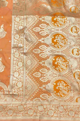 Orange zari woven silk blend saree with blouse piece