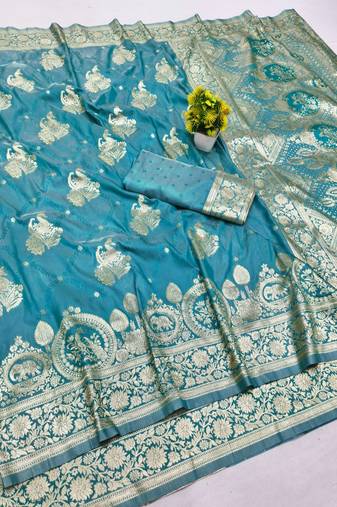 Blue zari woven banarasi silk blend saree with blouse piece