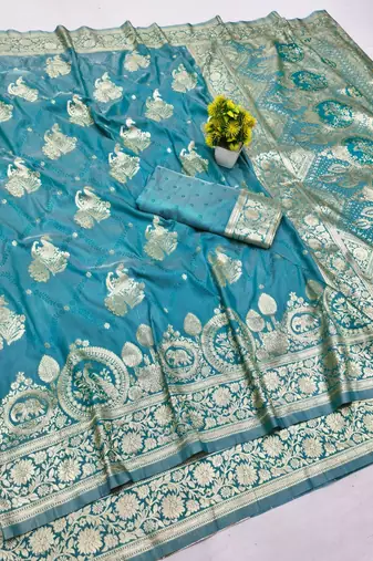 Blue zari woven banarasi silk blend saree with blouse piece