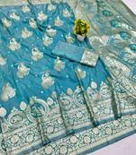 Blue zari woven banarasi silk blend saree with blouse piece