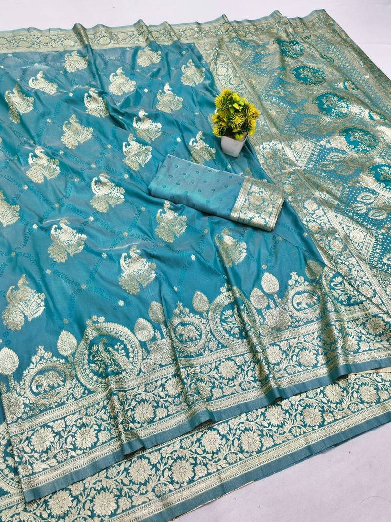 Blue zari woven banarasi silk blend saree with blouse piece