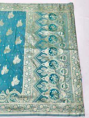 Blue zari woven silk blend saree with blouse piece 2