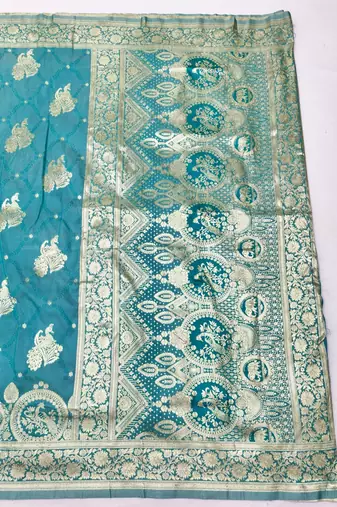Blue zari woven silk blend saree with blouse piece