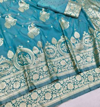 Blue zari woven silk blend saree with blouse piece 3