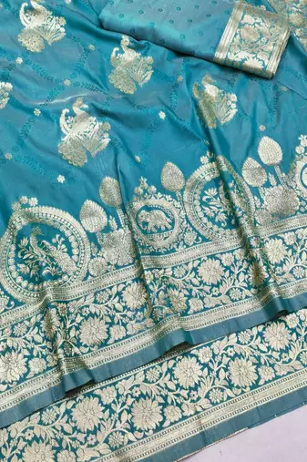 Blue zari woven silk blend saree with blouse piece