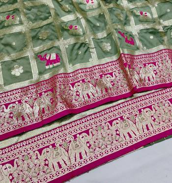 Pista green zari woven silk blend saree with blouse piece 3