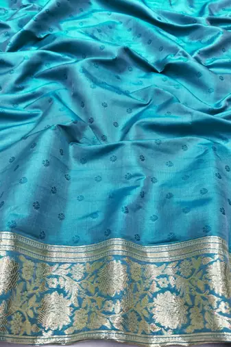 Blue zari woven silk blend saree with blouse piece