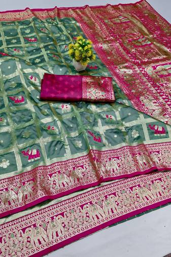 Teal blue zari woven banarasi silk blend saree with blouse piece