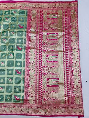 Teal blue zari woven silk blend saree with blouse piece 2