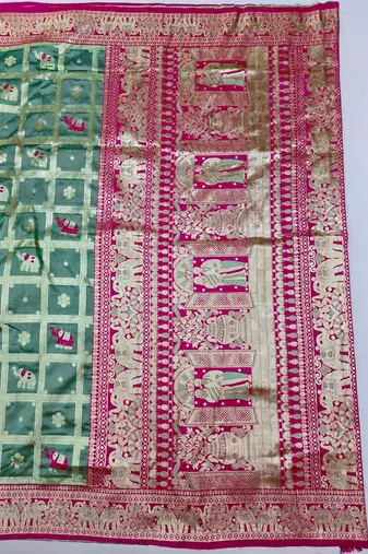 Teal blue zari woven silk blend saree with blouse piece