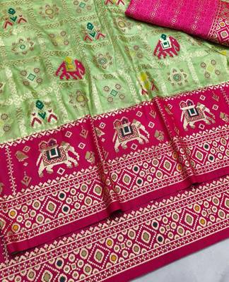 Light green zari woven patola silk blend saree with blouse piece 3