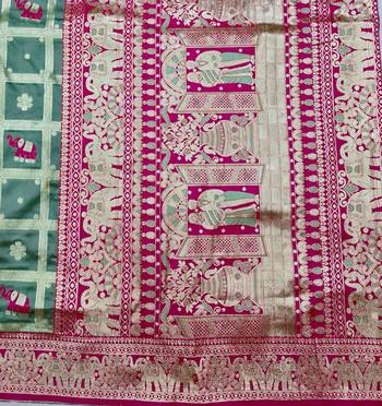 Teal blue zari woven silk blend saree with blouse piece 5