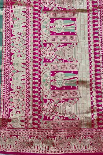 Teal blue zari woven silk blend saree with blouse piece
