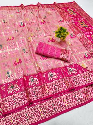 Pink zari woven patola silk blend saree with blouse piece 1
