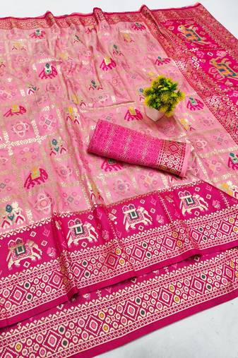Pink zari woven patola silk blend saree with blouse piece
